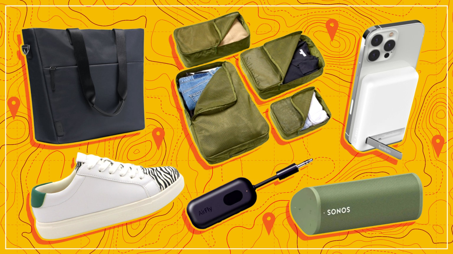 An illustration of various travel items, including July's Carry All Tote and Packing Cells, Twelve South's AirFly wireless adapter, Sunnystep's Elevate Sneakers, the Sonos Roam, and Belkin's Boostcharge Magnetic Wireless Power Bank 5K + Stand.