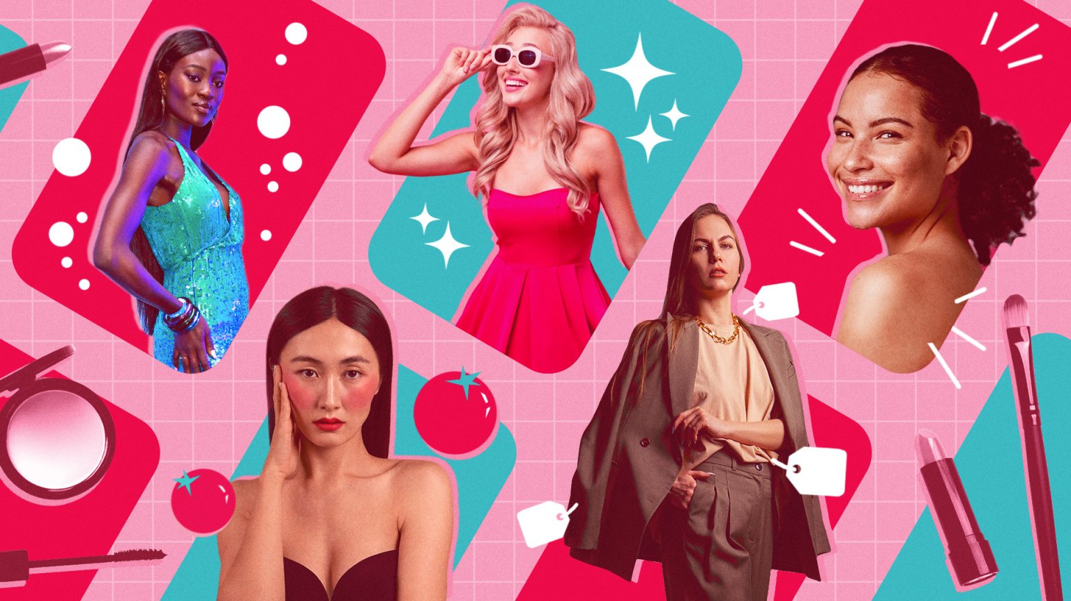 A collage of various people displaying TikTok aesthetics, with a pink background and beauty products on the side.