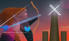 A woman wearing a Twitter logo in the style of the mockingjay from Hunger Games fires an arrow at a giant X atop a skyscraper.