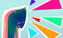 illustration with speaker shouting and noise represented by colourful shapes. 