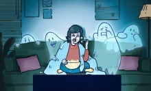 A woman sits on a coach watching TV, surrounded by ghosts. 
