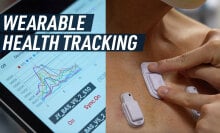 A split screen shows some graphs on a tablet (left), and tiny wearables devices attached to a patient's skin (right). Caption reads: "Wearable health tracking"