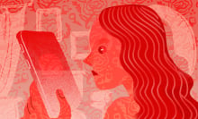 woman looking at her phone; entire image is red-tinted