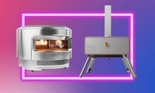 two pizza ovens on a blue-purple gradient background