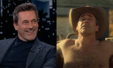Two images side by side show the same man, on the left in a suit and grinning, on the right in a cowboy hat and shirtless.