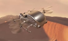 An artist's conception of the Dragonfly spacecraft flying on Saturn's moon Titan.
