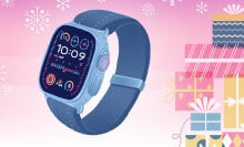 illustrated smartwatch with pink background covered in gifts and snowflakes