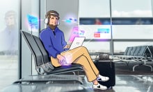 An animated person surrounded by tech with swirls of colorful, floating information screens.