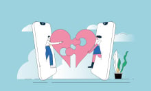 Illustration of a man and woman both holding up half of an oversized pink heart, shaped like a jigsaw puzzle piece.