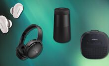 Bose speakers and headphones on abstract background