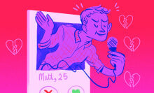 Illustration of a man's dating app profile, Matt, aged 25. Matt holds a microphone and emerges from the screen. 