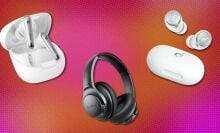 three pairs of soundcore headphones and eabuds on a pink and orange background
