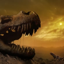 A dinosaur skull on a fiery landscape.