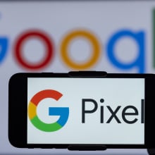 Google Pixel logo displayed on a smartphone.