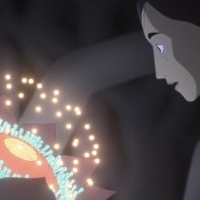 A woman stares at an alien flower surrounded by lights.