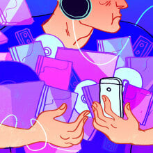 An illustration of a person holding a lot of vinyl and CDs and phones wearing headphones. 