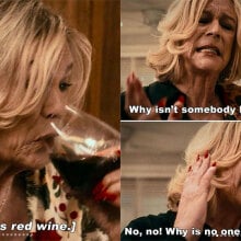 Three images show a woman drinking wine and looking stressed.