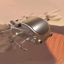 An artist's conception of the Dragonfly spacecraft flying on Saturn's moon Titan.