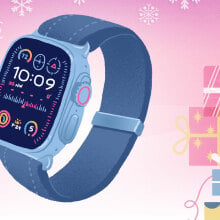 illustrated smartwatch with pink background covered in gifts and snowflakes