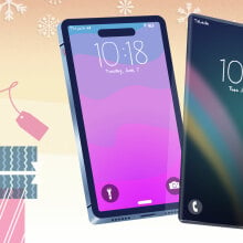 t-mobile smartphone illustration with gifts and snowflakes in background