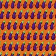 Multiple eggplant emojis on an orange background