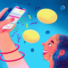 An illustration of a girl looking at a cell phone.