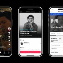 Three screens displaying Niall Horan's TikTok and a Ticketmaster page. to buy his concert tickets.