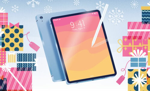 illustrated t-mobile tablet with gifts and snowflakes in background