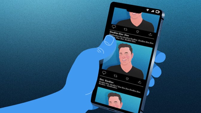 Hand holding a phone showing a Twitter feed with just photos of Elon Musk. 