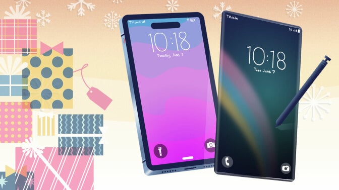 t-mobile smartphone illustration with gifts and snowflakes in background