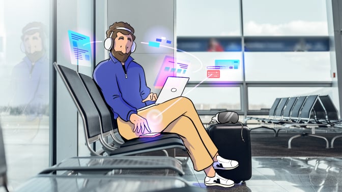 An animated person surrounded by tech with swirls of colorful, floating information screens.