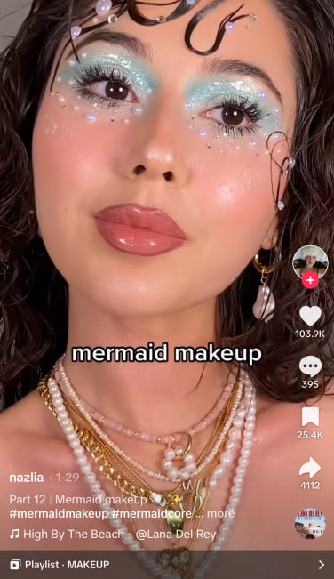 A TikTokker displaying the mermaidcore makeup look.