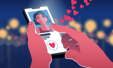 An illustration of a dating profile displayed on a phone with hearts rising from it.