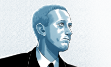 A blue and black illustration of Mark Zuckerberg in profile.