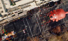 overhead view of Macy's Thanksgiving Day parade