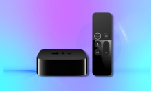 Apple TV HD device with siri remote against a blue and pink gradient background