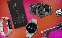 Fitness tech from brands like Fitbit, BowFlex, Echelon, Garmin, and NordicTrack overlaid on a pinkish-orange background