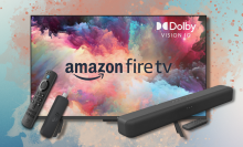 Fire TV, Fire TV Stick, and Fire TV Soundbar with a colorful gradient background