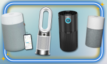 shark, dyson, and blueair air purifiers with blue gradient background