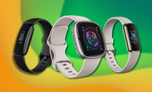 Three Fitbit watch models overlaid on a green and yellow background