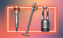Dyson hair dryer, Dyson cordless vacuum, and Dyson purifier fan on orange, pink, and gray background
