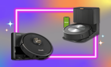 Shark Matrix and Roomba self-emptying robot vacuums on gray background with colorful graphics
