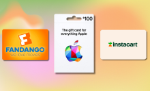 fandango, apple, and instacart gift cards against an orange pastel background