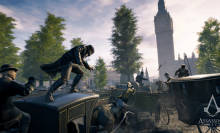 An assassin rides atop a horse carriage while being chased by london inspectors