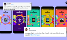 A mock up of Spotify Wrapped on 5 phone screens, overlayed with two tweets embedded in this article. Background is lavender.