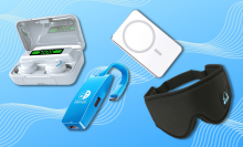 headphones, nintendo docking station, wireless charger, and sleep mask with blue background
