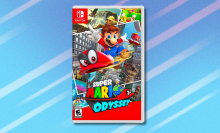 Super Mario Odyssey on light blue abstract background