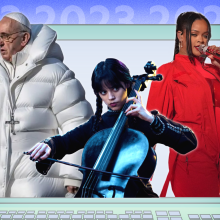 The Pope in a puffer jacket, Wednesday with her cello, and Rihanna mid-performance pop out of a laptop screen.
