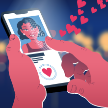 An illustration of a dating profile displayed on a phone with hearts rising from it.