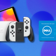 Nintendo Switch – OLED Model with Dell eGift Card on purple and blue abstract background